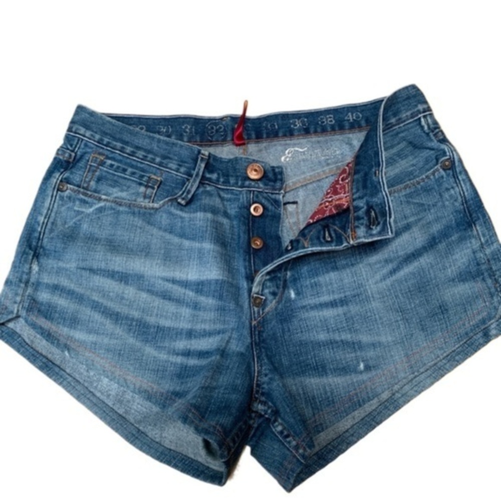 Earnest Sewn Blue Jean shorts distressed denim made in USA sz31 button fly jorts